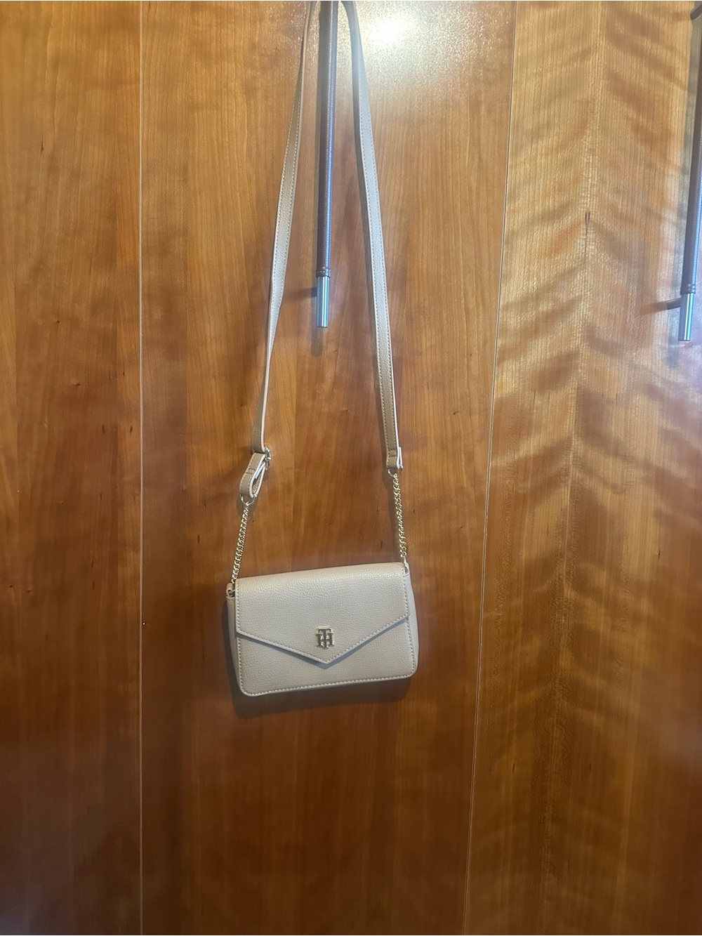 Tommy Hilfiger Neutral Beige Crossbody with Gold Chain-Accent Strap